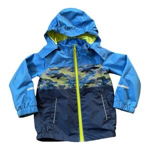 Lily&Dan Kids Size 4T Blue Camo Lined Rain Jacket Removable Hood Adjustable Cuff